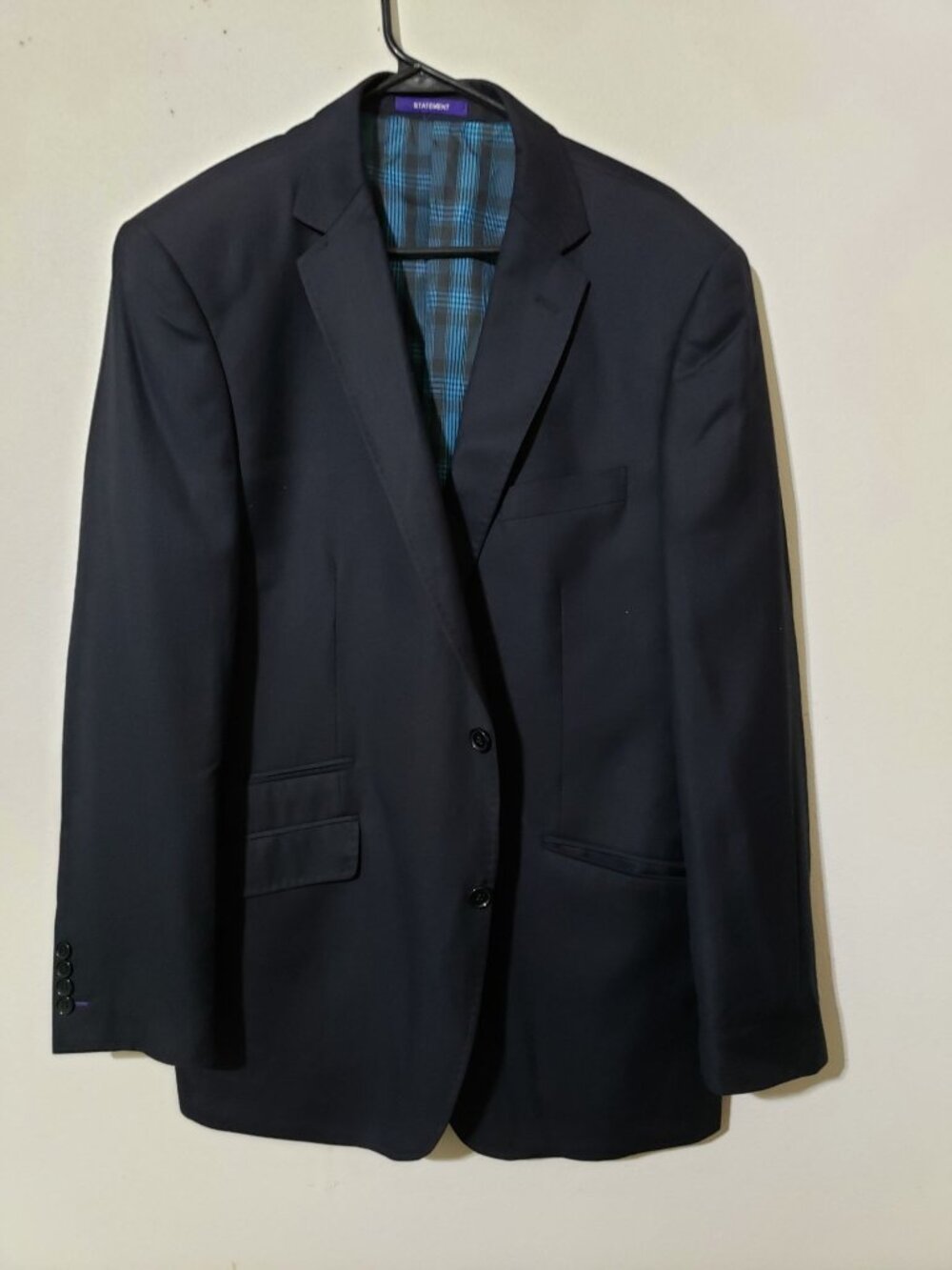 Statement navy, plaid lining, 100% wool blazer,  sport coat,  jacket, size 44L